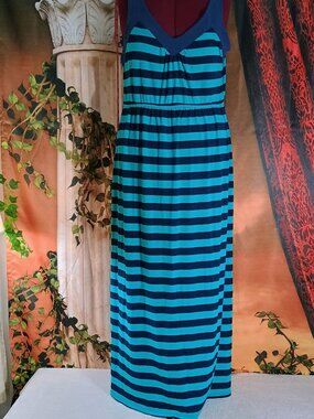 VGUC Faded Glory Sz XXL (20) Teal & Navy Blue Striped Sleeveless Knit Maxi Dress